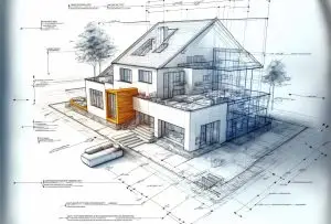 building project plan blueprint of a modern house. Designed using generative ai